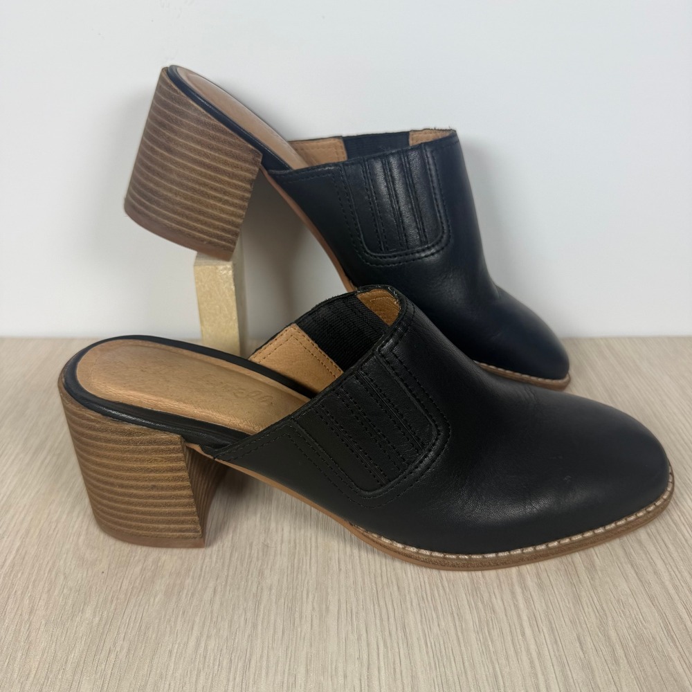 Madewell Harper Mule Black Leather Block Heel Slip On Shoes AH759 Womens 7